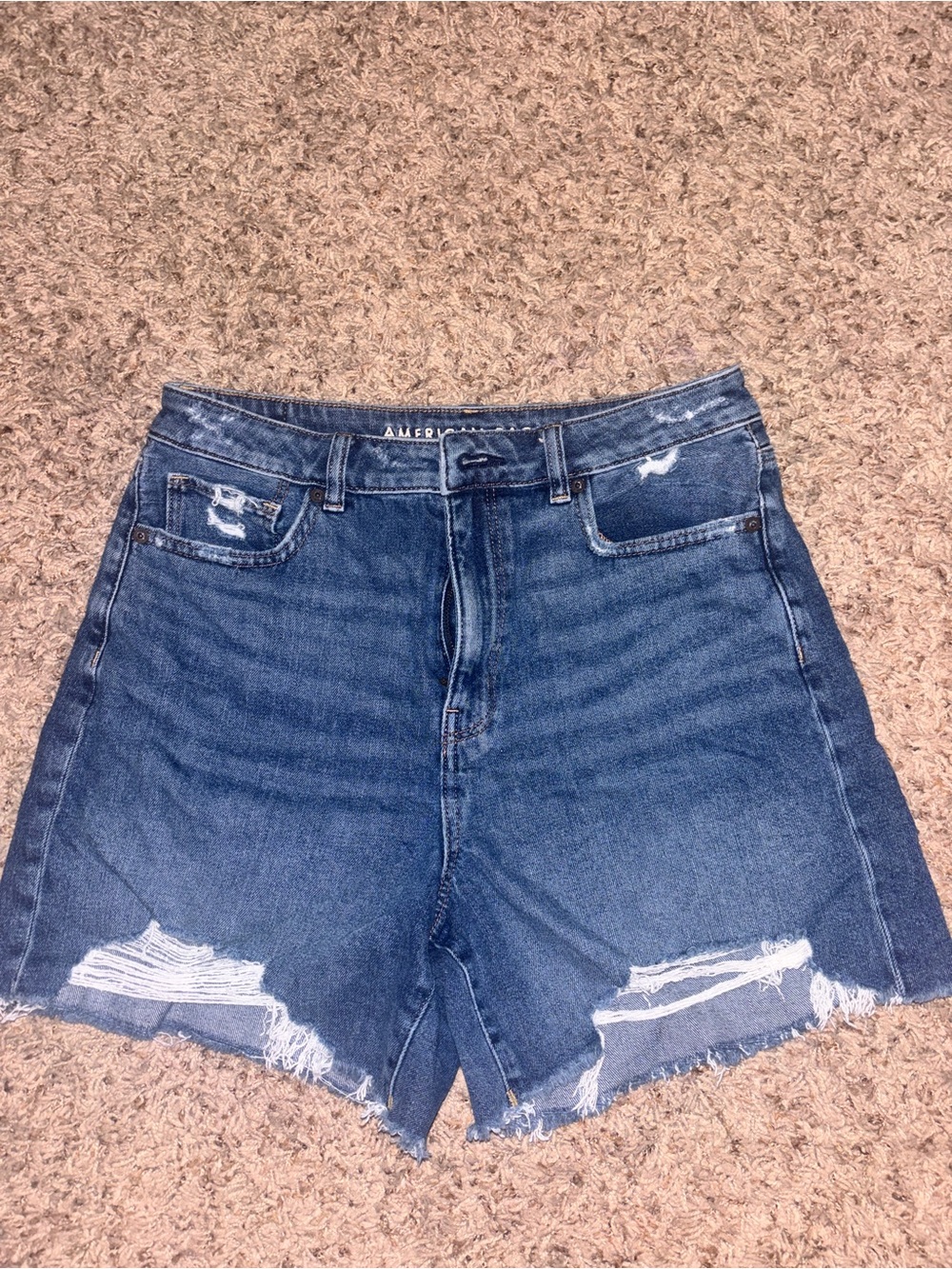 American Eagle Outfitters Distressed High-Rise Denim Shorts - Dark Blue
